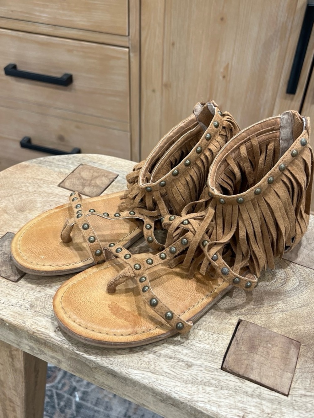 Not Rated Fringe Studded Sandals - Tan size 8
